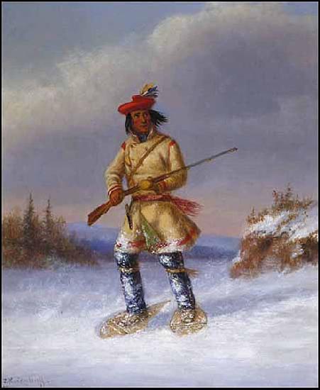 Cornelius Krieghoff Indian Trapper with Red Feathered Cap in Winter